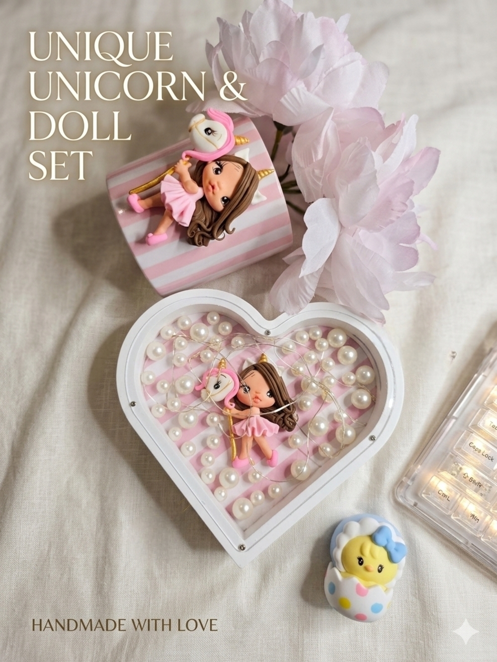 Handmade Clay Doll Unicorn Charm Gift Set - Pink Pearl Heart Shadow Box 2pc Set